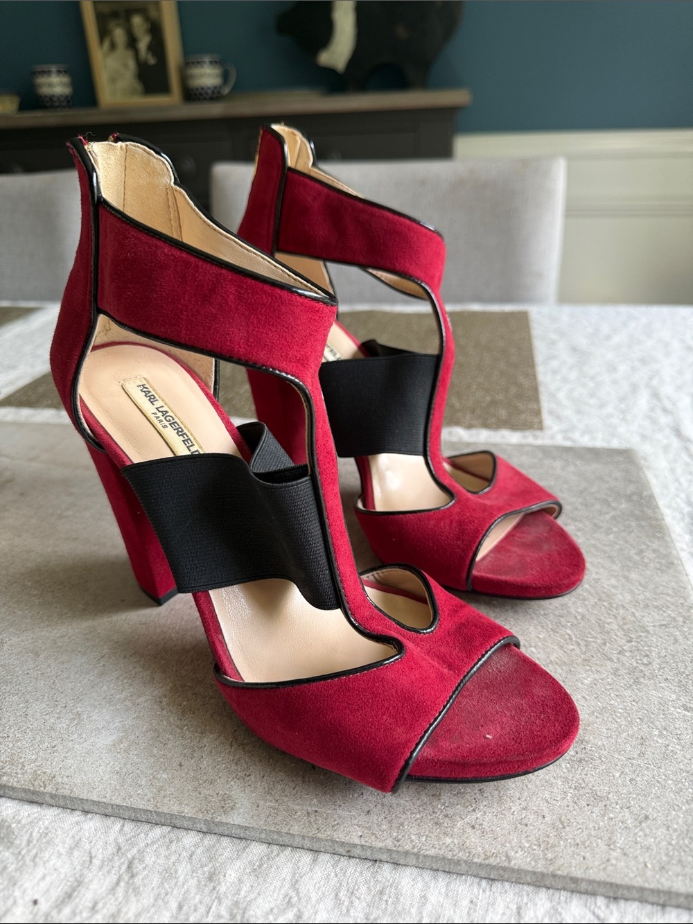 Karl Lagerfeld Rosalie Red Suede Cutout Block Heel Sandals with Black Elastic